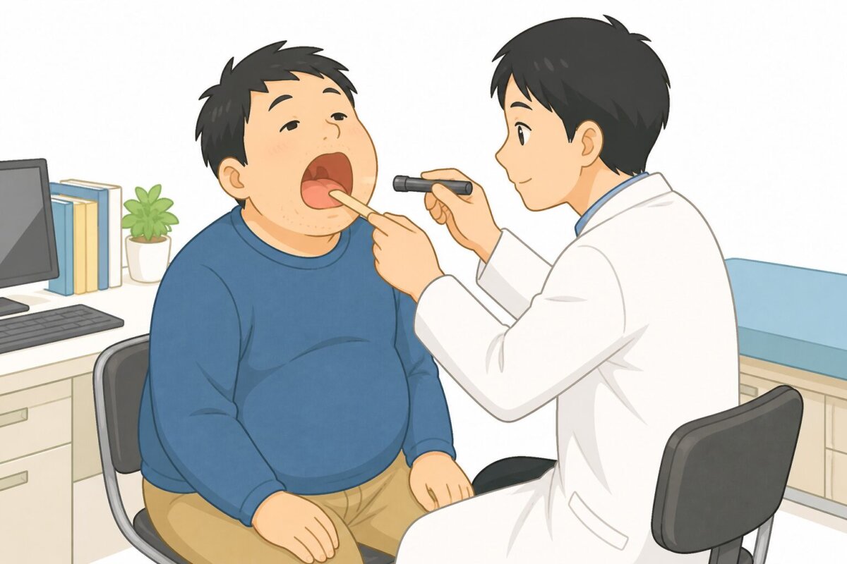 いびきに悩む小太りの男性が診察室で医師の診察を受けているイラスト