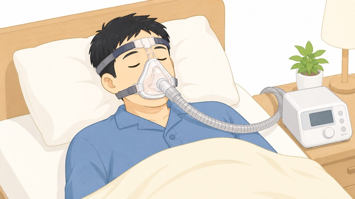 シーパップ（CPAP）治療機器を装着してベッドで寝ている男性