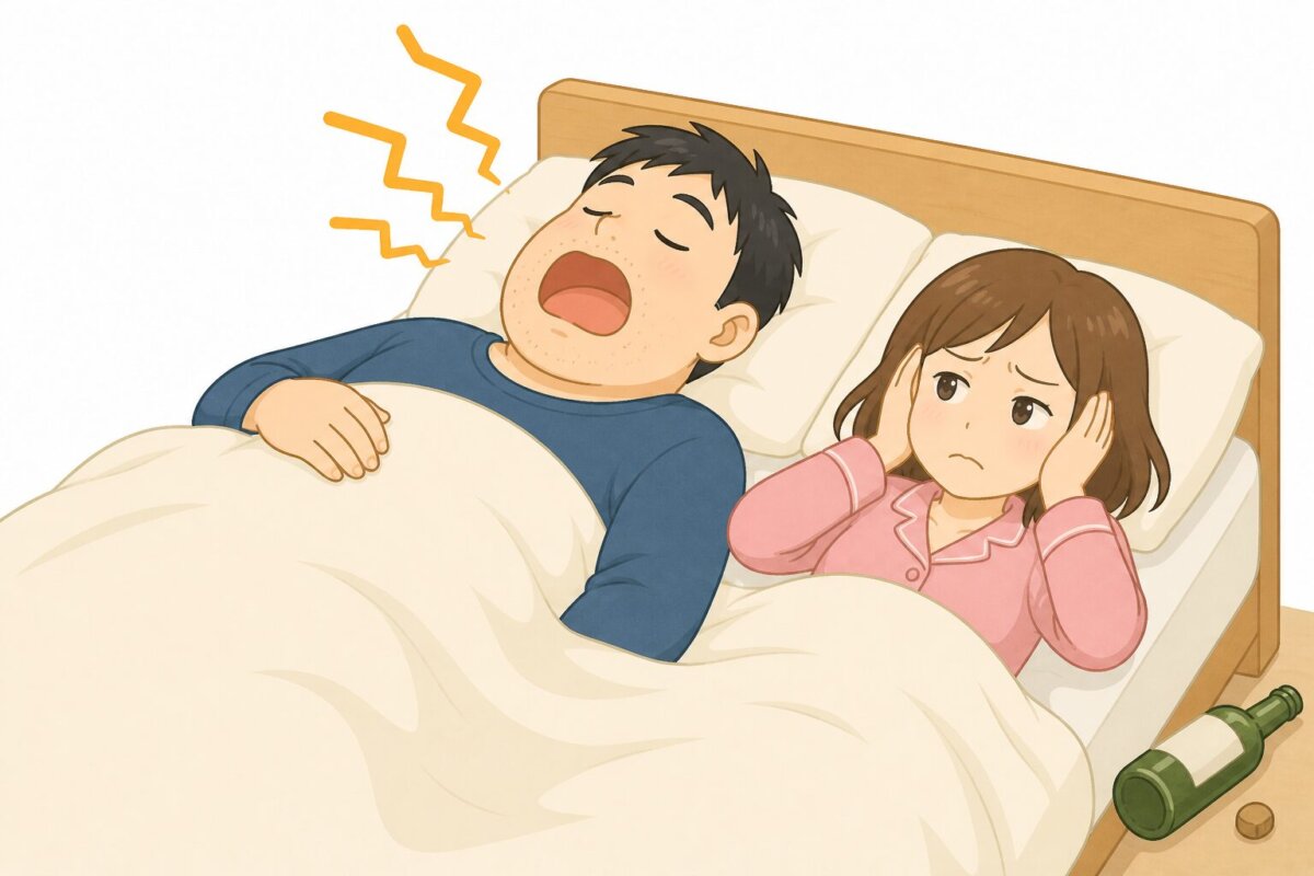 ベッドで小太り男性が口を開けていびきをかいているイラスト