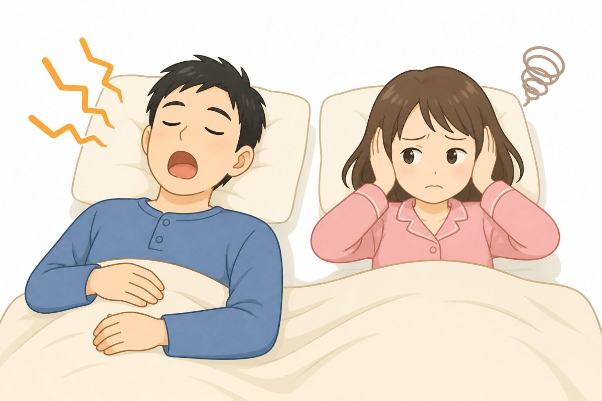 夫のいびきがうるさくて眠れない妻のイラスト